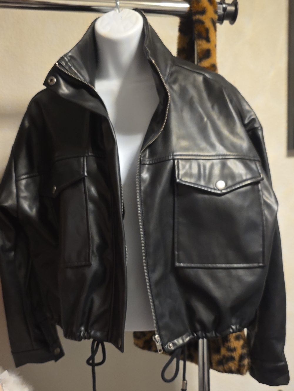 Tahari Black Faux Leather Bomber Jacket